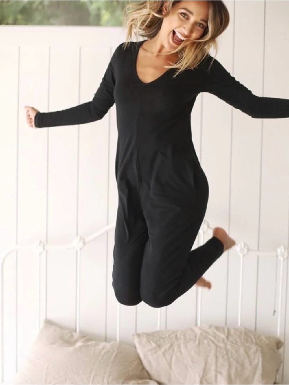 Smash + Tess Women’s Black Long-Sleeve V-Neck Friday Onesie Jumpsuit